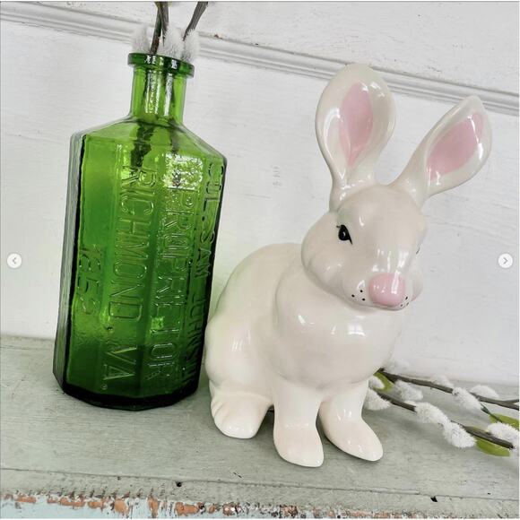 Vintage White Bunny Rabbit Statue Figurine Ceramic Handmade Large 1980 - Picture 2 of 10